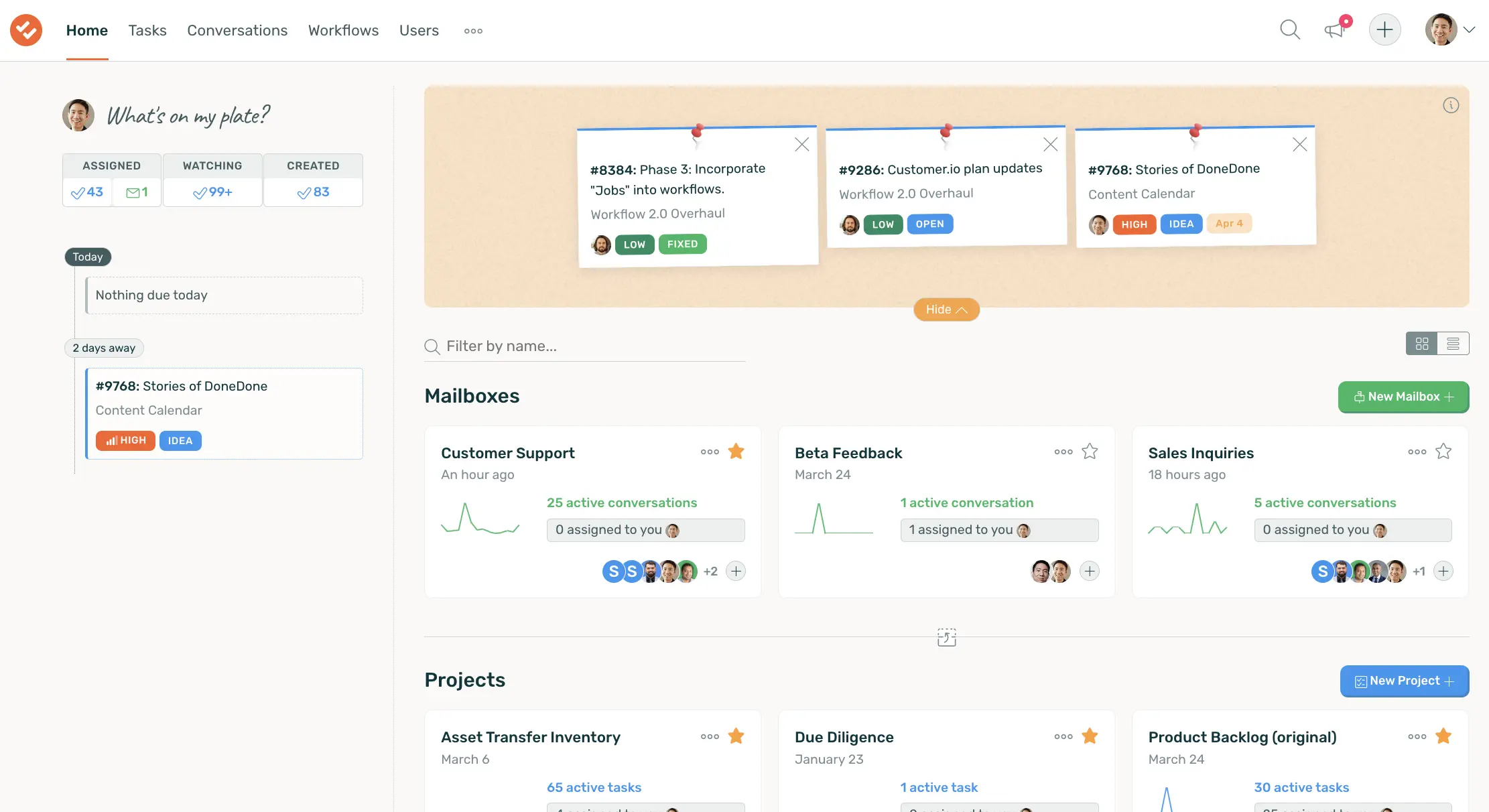 Screenshot of the DoneDone workflow management interface.