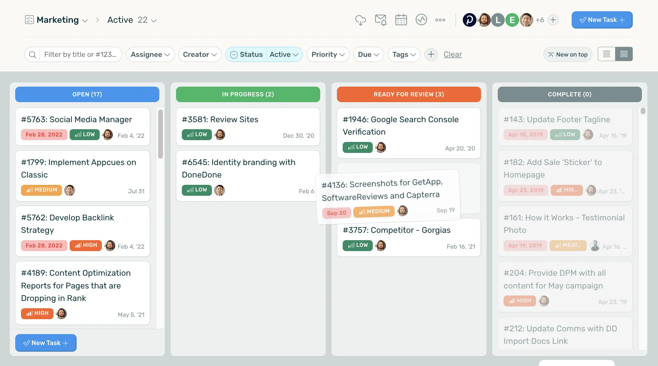 A screenshot of the Kanban board in DoneDone
