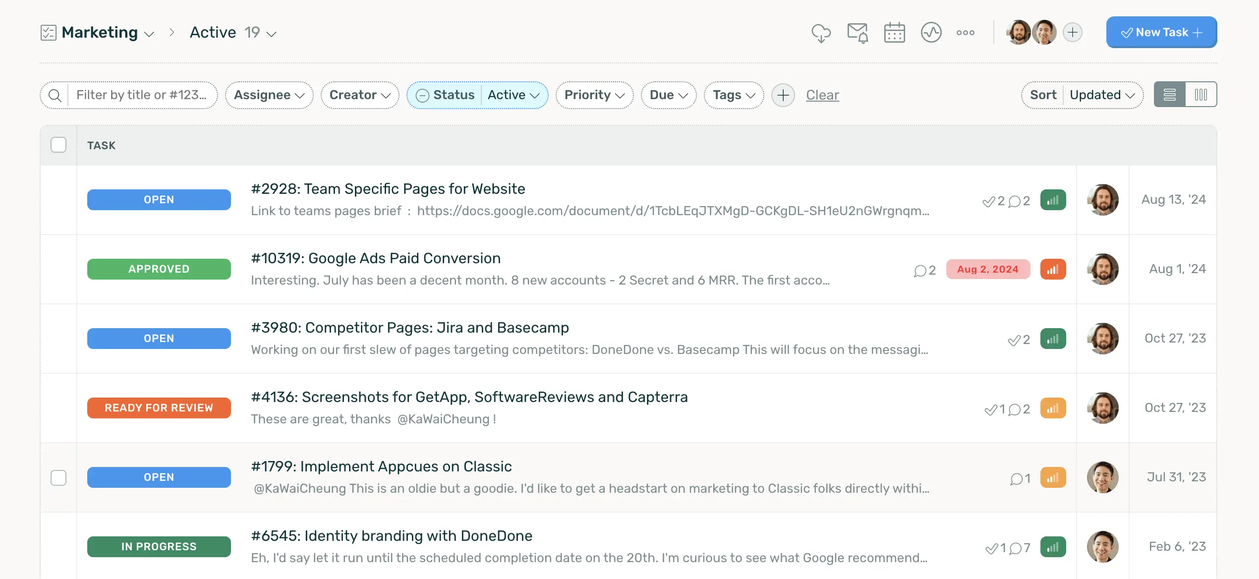 A screenshot of the task list view in DoneDone