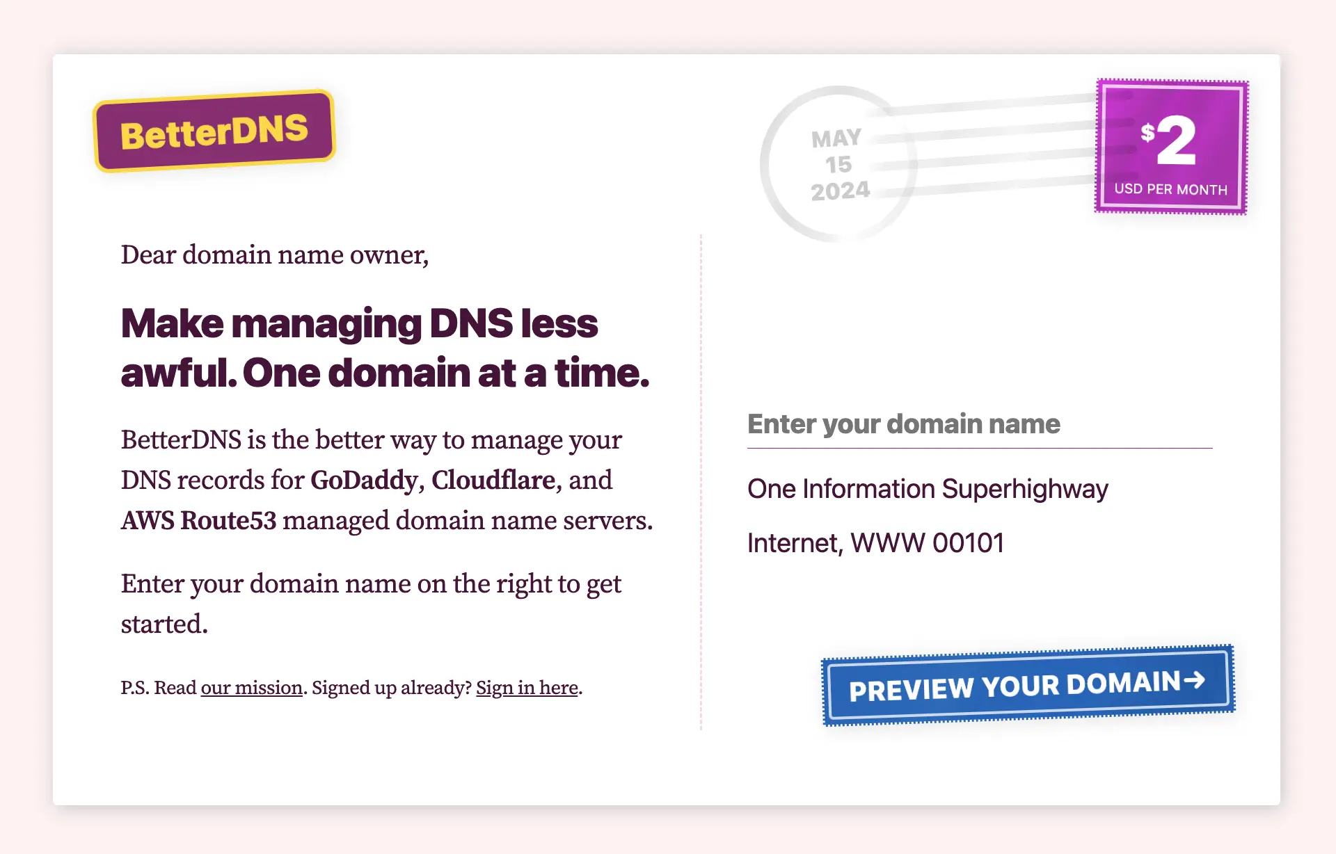 A screenshot of an early version of the DNS digest homepage.