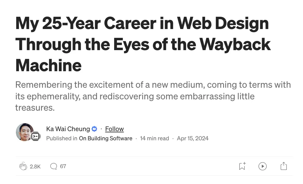 Screenshot of my 25-year web design career post on Medium.